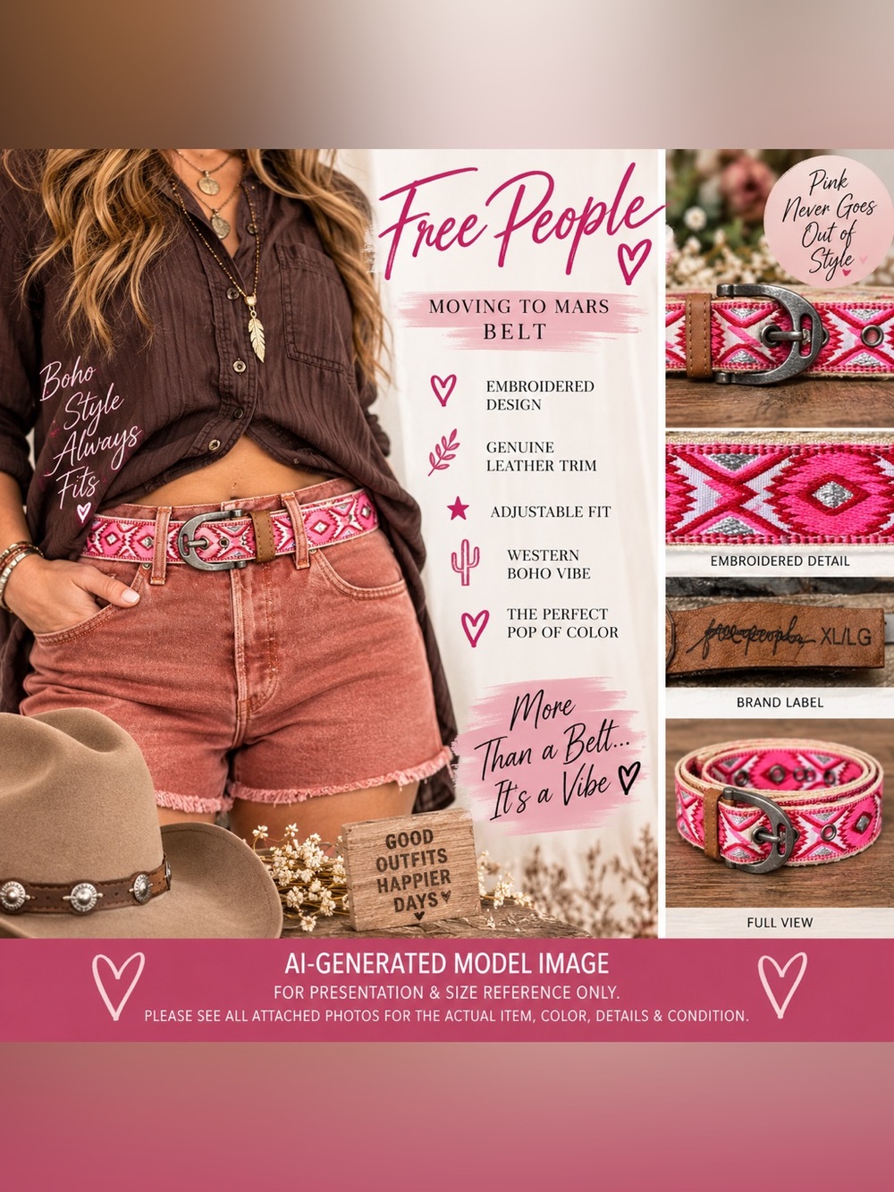 Free People Moving To Mars Embroidered Belt Pink XL/LG